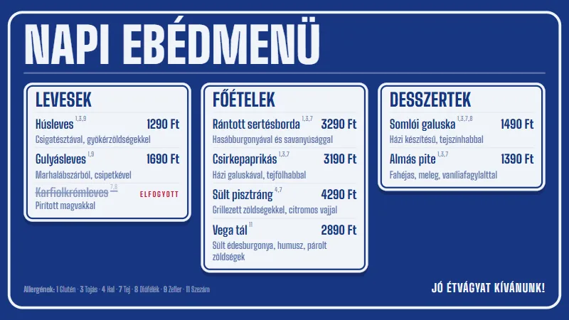 Rövid étlap Zománctábla designnal, nagy betűkkel