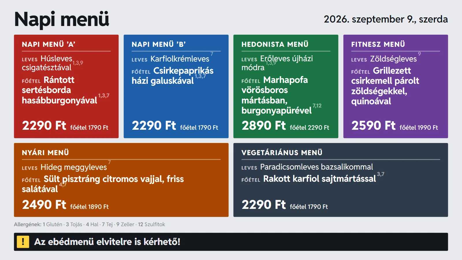 Ugyanez a napi menü Csempe designnal: minden menüsor egy színes lap